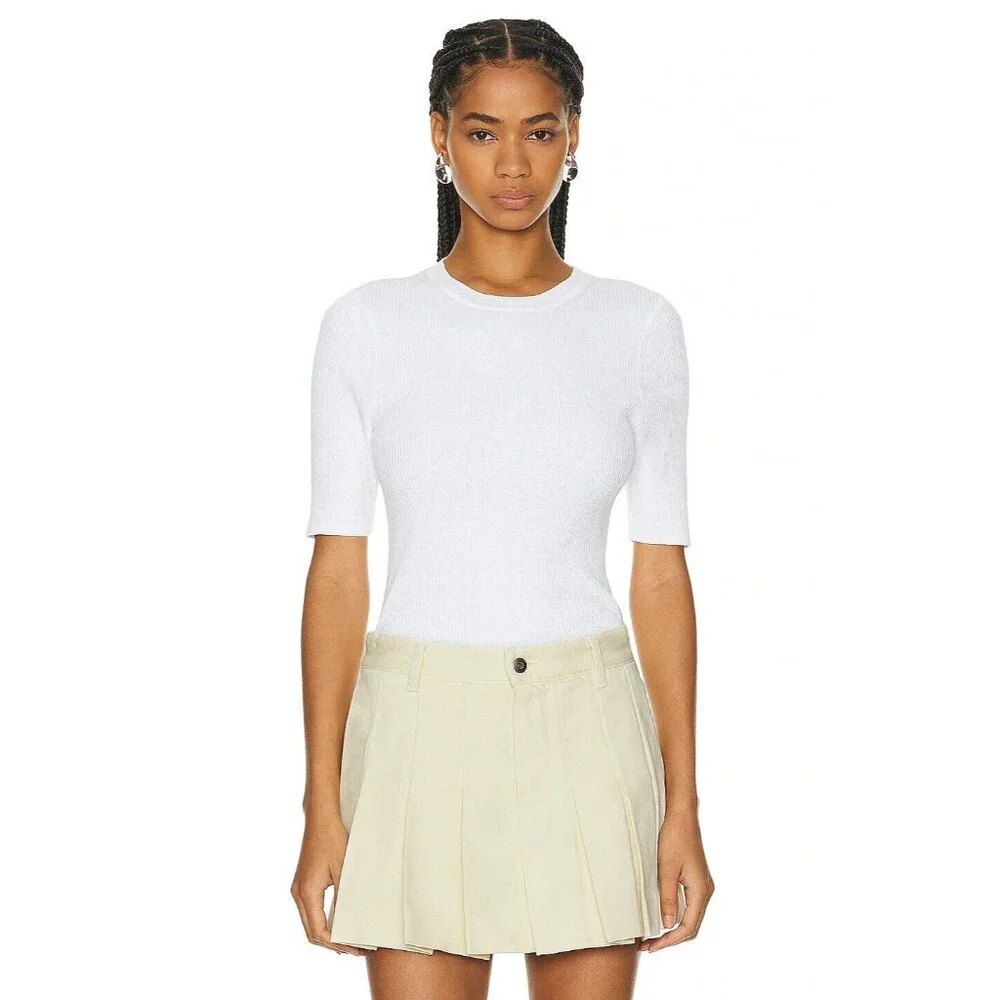 Enza Costa Linen Knit Half Sleeve Crew Top in White